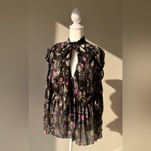 Zara Black Floral Tie-Neck Blouse with Pink & Gold Accents